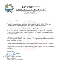 Letter of appreciation from Director of Bonner County Emergency Management Bob Howard